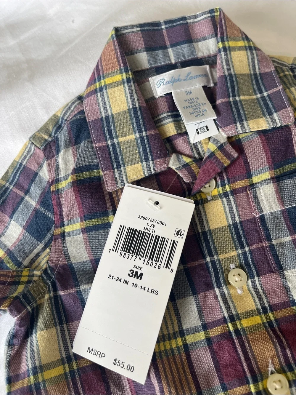 NWT Ralph Lauren | Boys Short-Sleeve Plaid Collared Romper Cotton 3M Navy Yellow